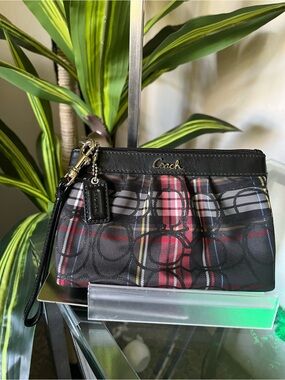 Coach Black Leather-Trim Plaid Wristlet with Red Accents